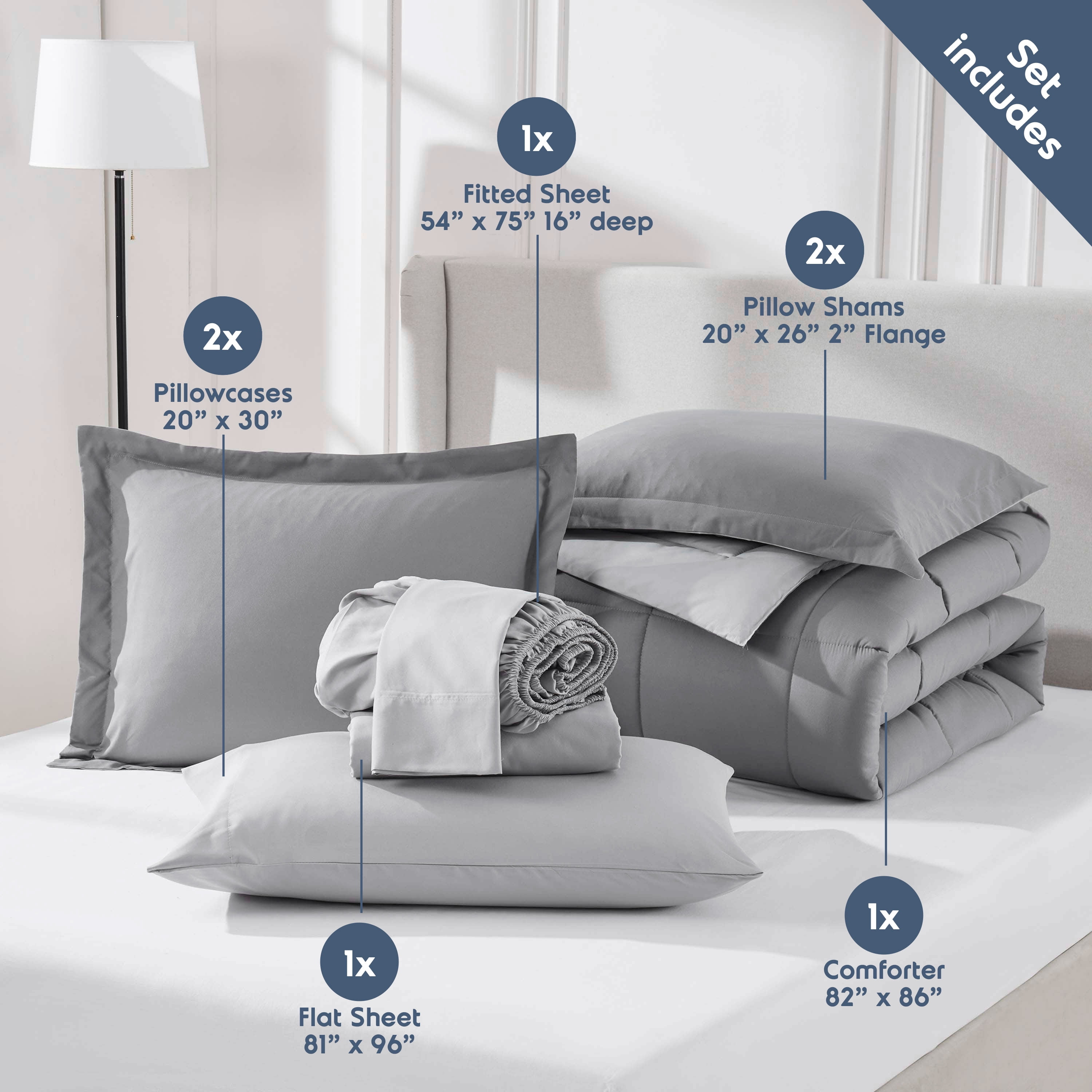 LammaLoe Queen Comforter Set, With Sheets, Reversible Bed In A Bag 7 Piece, Bedding Set, Grey