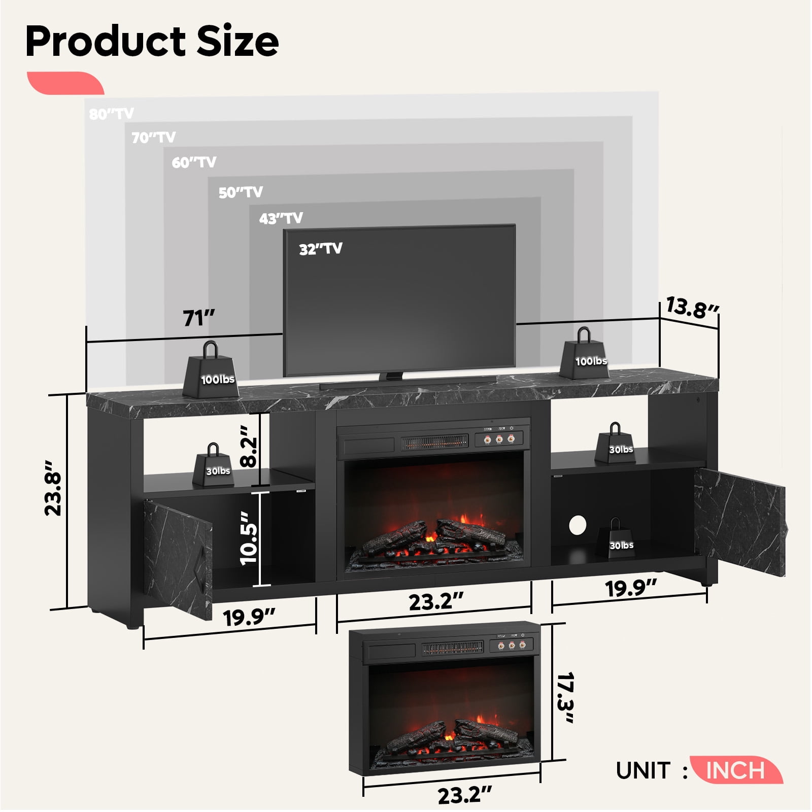 Bestier 71 inch Electric Fireplace TV Stand for TVs up to 75", Modern Entertainment Center with LED Lights, Black Marble