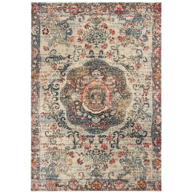 homeroots home decor 388705 4’x6’ Ivory Distressed Medallion Area Rug