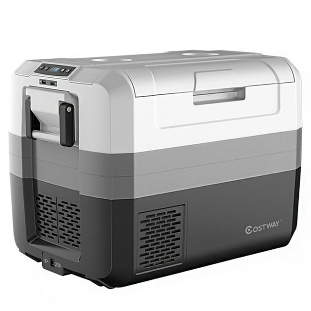Costway 58 Quart Portable Electric Car Cooler Refrigerator Compressor Freezer Camping in a white, gray, and black design. Features a two-way door, built-in LED light, and sturdy stainless steel handles for portability. Includes dual-zone refrigeration and freezing, fast cooling and energy-saving modes, and a digital control panel for temperature adjustment. Suitable for home, car, and outdoor use with 12/24V DC and 100-240V AC compatibility. Holds up to 84 bottles of 330ml drinks or 17 bottles of 750ml wine. Includes accessories like a metal basket, wine opener, and reusable ice pack.