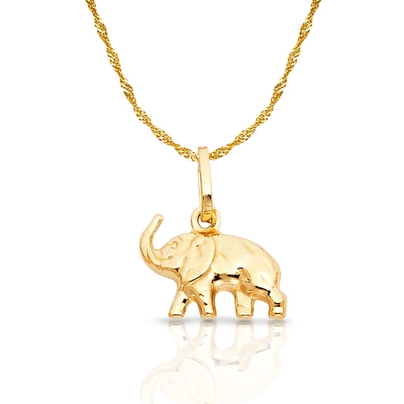 14K Yellow Gold Elephant Strength & Luck Charm Pendant with 0.9mm Singapore Chain Necklace