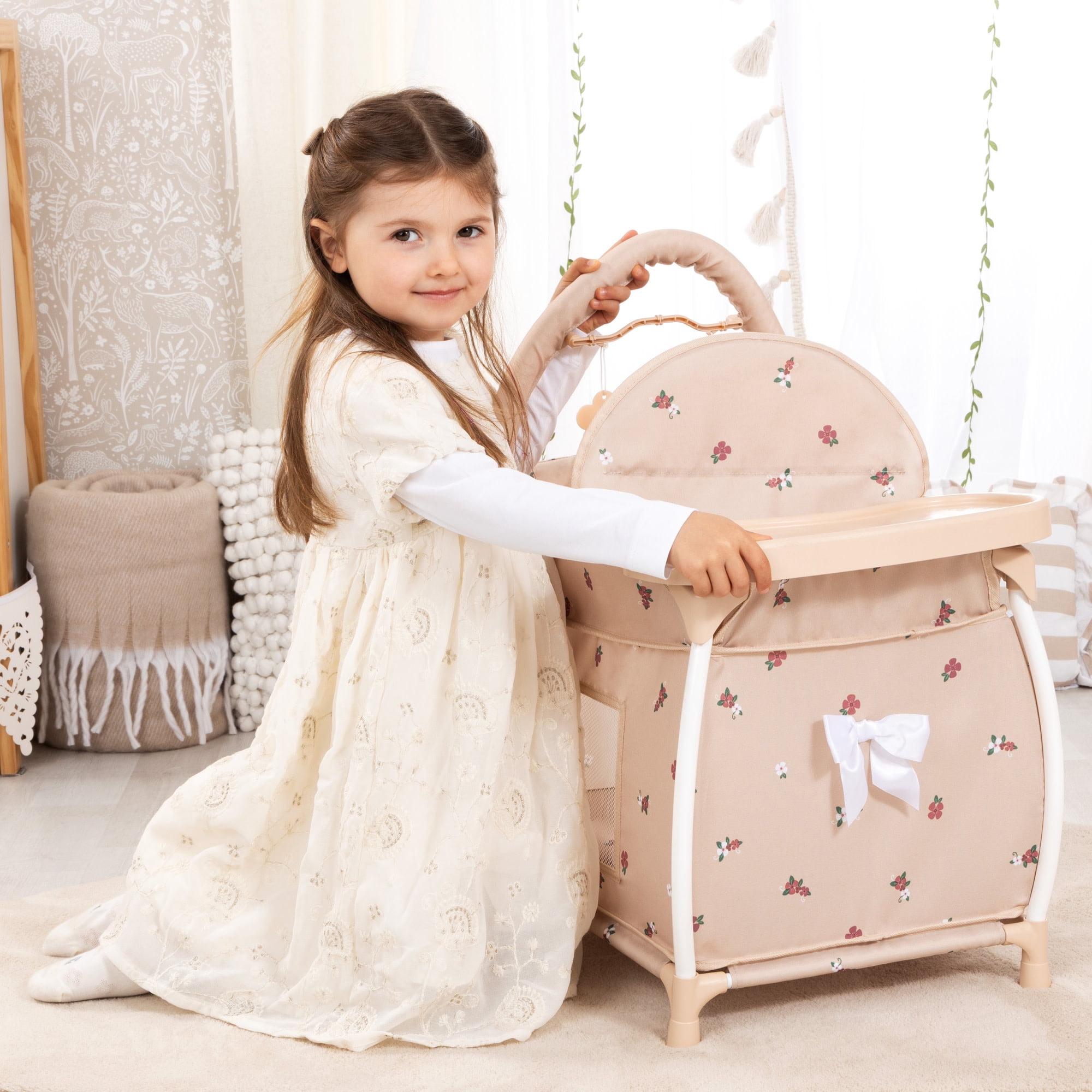 Bayer Design: Doll Multi-Bed - Beige & Flowers - Sleep Playpen, Built-In Feeding Highchair, Pillow-Blanket-Mobile, Care Center Fits 18" Dolls, Kids 3+