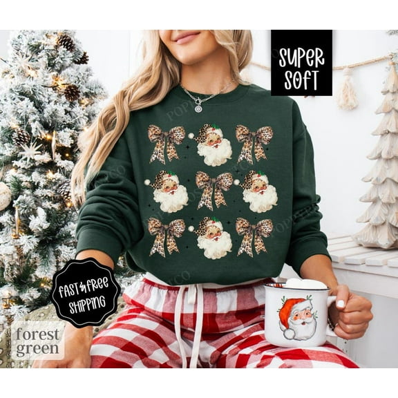 Leopard Santa Christmas Sweatshirt, Retro Holiday Boots Sweater, Coquette Santa Crewneck for Women