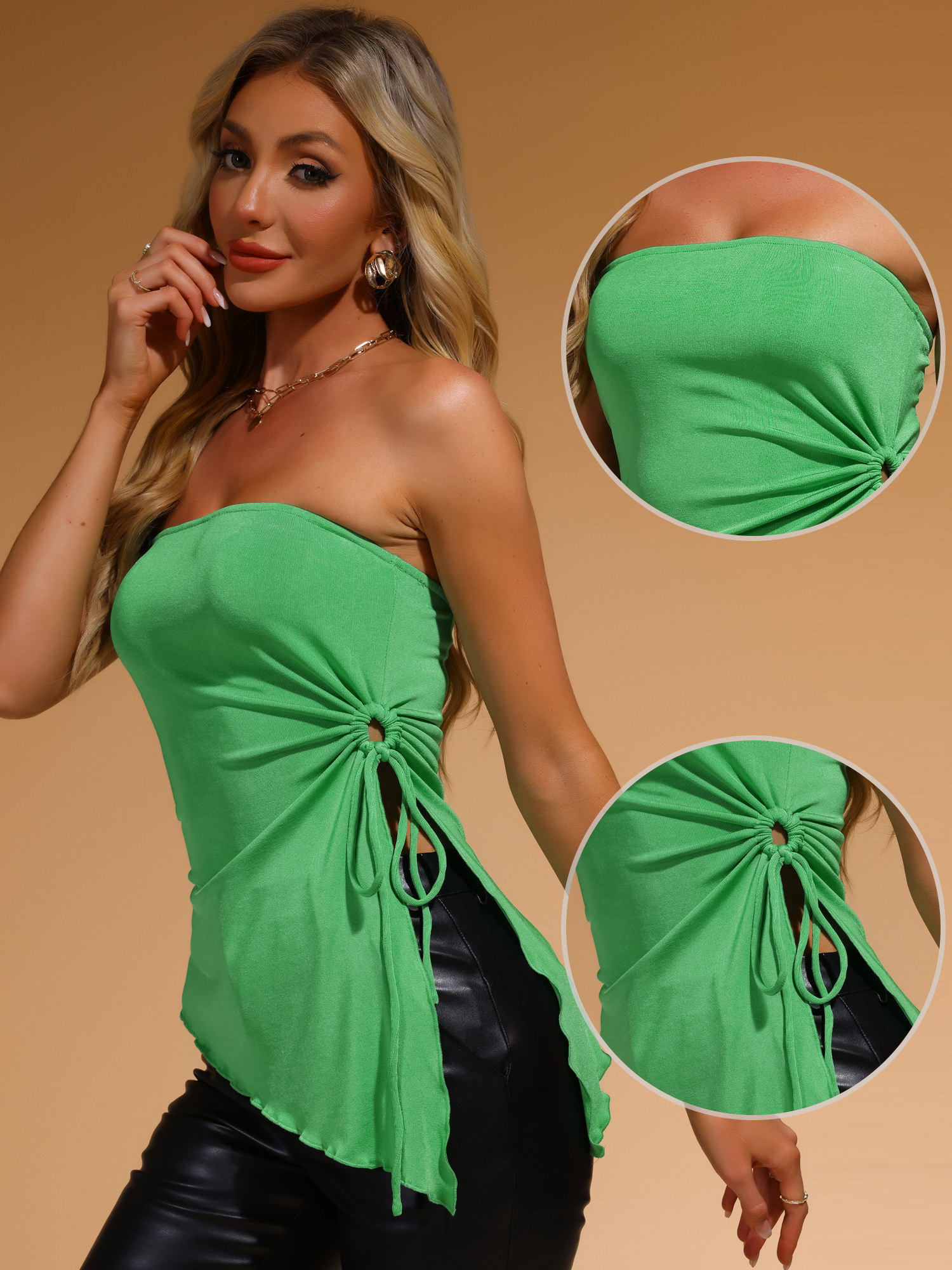 DARING DIVA Women's Drawstring Ruched Asymmetrical Ruffle Hem Top XL Green