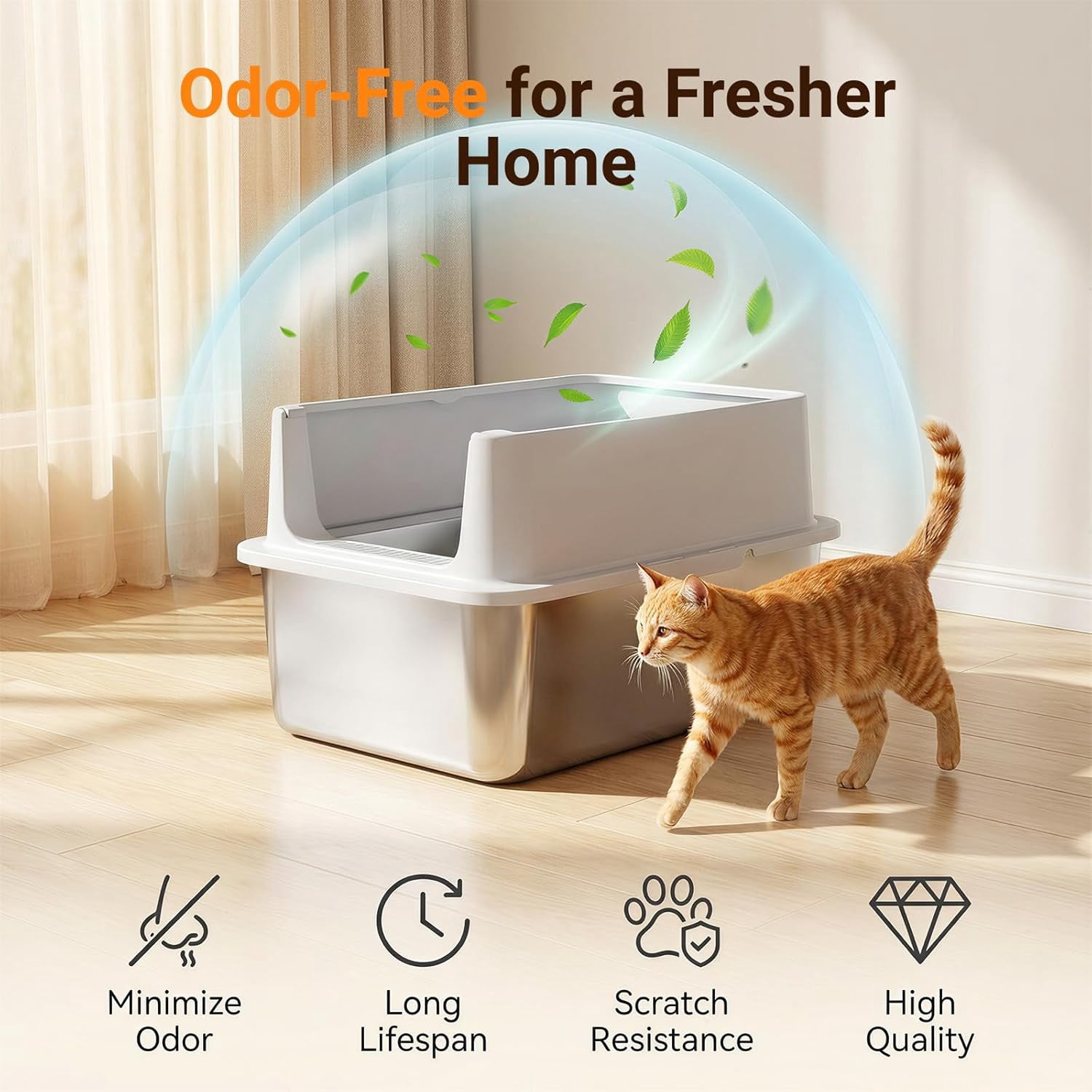 High Sided Stainless Steel Cat Litter Box, XL Extra Large Metal Litter Box for Big Cats, Non-Stick & Anti-Odor, Anti-Urine Leakage, Easy to Clean, Includes Scoop