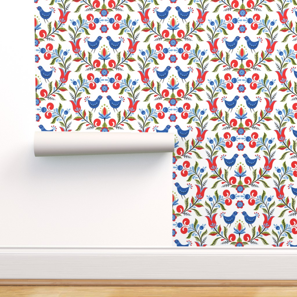 Peel-and-Stick Removable Wallpaper Folk Art Bird Floral Damask