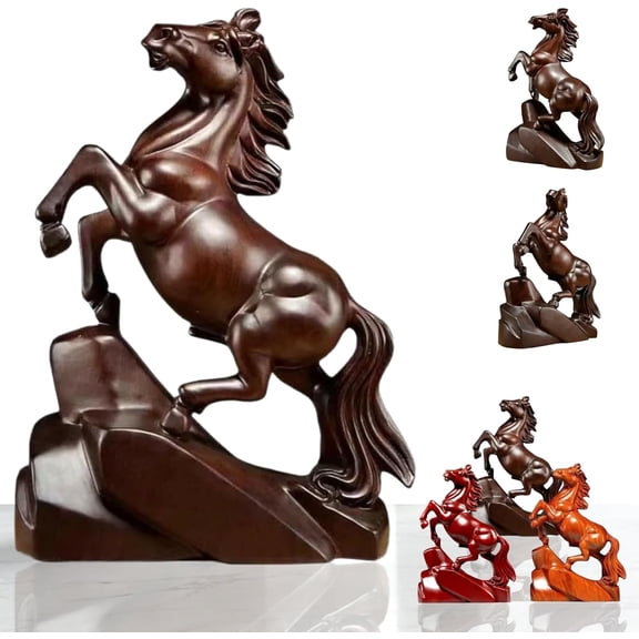 Wooden horse figurine, 2026 Chinese New Year red horse statue, zodiac animal sculpture, symbolizing wealth and good fortune, suitable for office and home decoration.