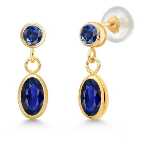 Gem Stone King 14K Yellow Gold Blue Sapphire and Blue Created Sapphire Dangle Earrings for Women (1.38 Cttw, Gemstone September Birthstone, Oval 6X4MM)