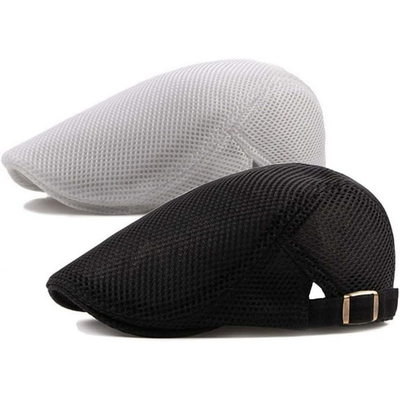 2 Pack Mens Mesh Flat Cap Breathable Summer Newsboy Hat Beret Cabbie Ivy Hat Gatsby Newsboy Hat for Driving Hunting