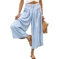 thumbnail image 3 of Mifsaly Striped Cropped Wide Leg Pants for Women High Waist Flowy Palazzo Capris with Pockets Breathable Lightweight Summer Casual Beach Vacation Clothes Light Blue,L, 3 of 8