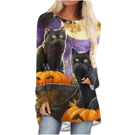 FDGIU 2025 Halloween Shirts Women Crewneck, Cute Ghost Pumpkin Graphic Casual Long Sleeve Tops, Loose Fit Pullover for Autumn Parties