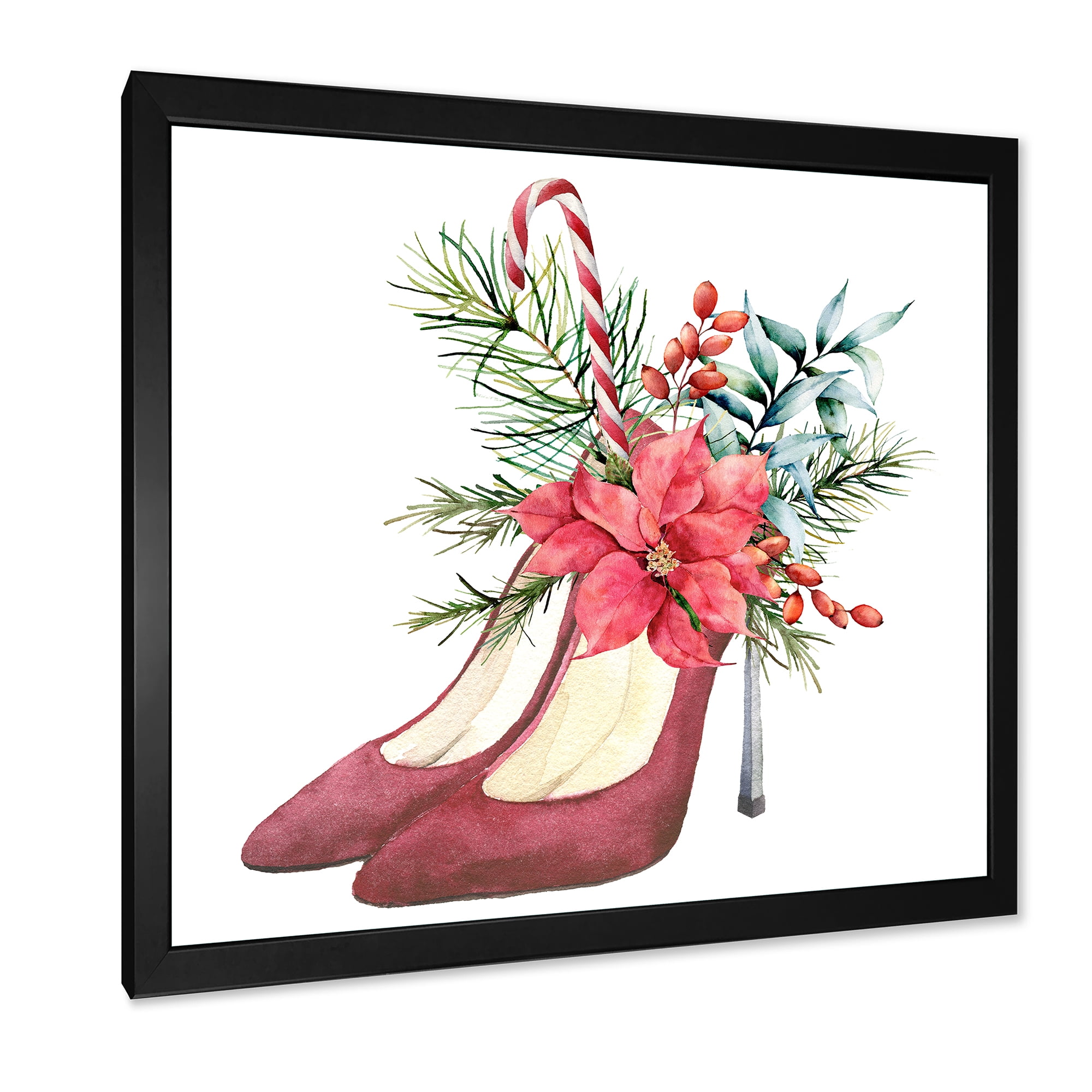 Designart 'Red Suede Heeled Shoes With Christmas Red Floral Decor' Traditional Framed Art Print