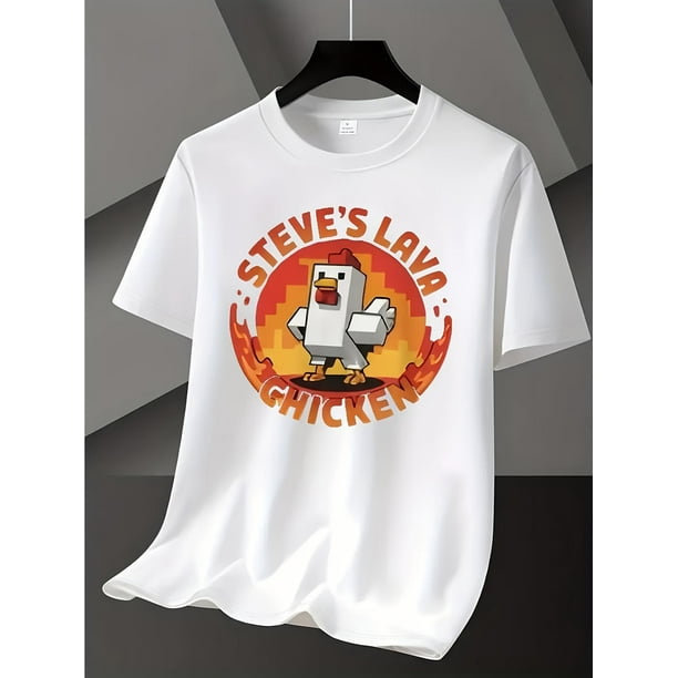 Men'S Vintage "Steve'S Lava Chicken" Graphic T-Shirt, Casual, Short Sleeve, Round Neck, Stretchy Cotton, Washed Finish, Perfect Father'S Day Gift, Casual Wear | Retro Chicken Design | Knit Detail Tee