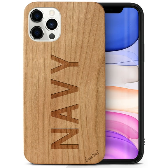 Case Yard Wooden Case Outside Soft TPU Silicone, Slim Fit Shockproof Wood Protective Phone Cover for Girls Boys Men and Women, Supports Wireless Charging Navy 2 Design case for iPhone-11-Pro