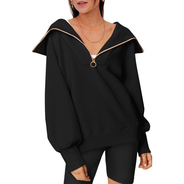 TRKIYQC Sudadera Suelta De Otoño Para Mujer, Color Sólido Solapa Media Cremallera Manga Larga De Moda Jersey De Gran Tamaño TRKIYQC moda
