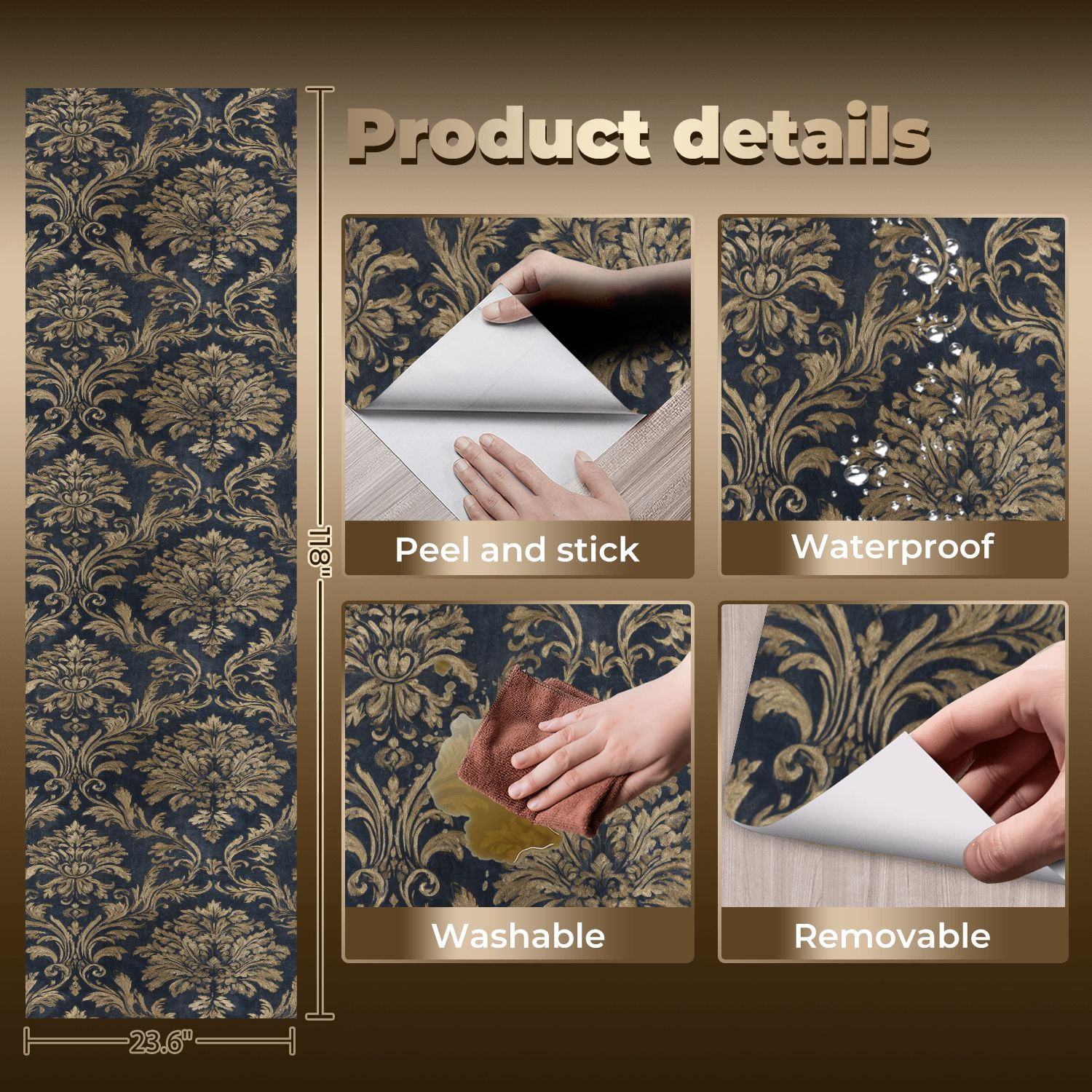 Baroque Peel and Stick Wallpaper Vintage Dark Damask Baroque Floral Gold Flourishes Wall Mural 23.6in x 9.8ft Self Adhesive Removable Wall Paper Renter Friendly Wallpaper for Bedroom Livingroom Men