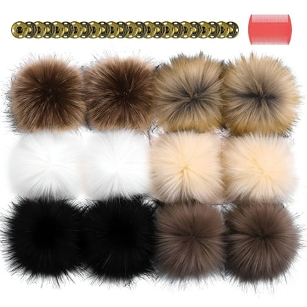 VANIDO Faux Fur Pom Poms for Hats,12pcs Mixed Color Pom Poms with Snaps for Knitting Garments,Hat Accessories - Classic Style