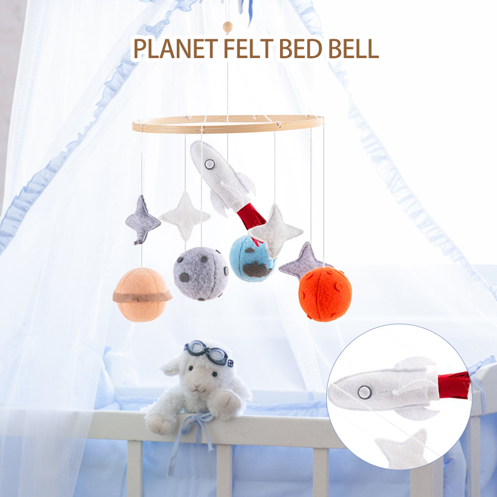 Planet Crib Bell – Baby Bed Hanging Wind Chime with Stars & Rocket Pendants, Wooden Rotating Swaying Bell for Newborn Infant Sensory & Nursery Room Decoration