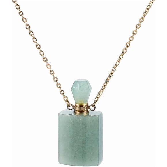 Stone Essential Oil Necklace Natural Green Aventurine Perfume Bottle Necklace Rectangle Perfume Vial Necklaces with Golden Chain for Women Jewelry 1 Piece