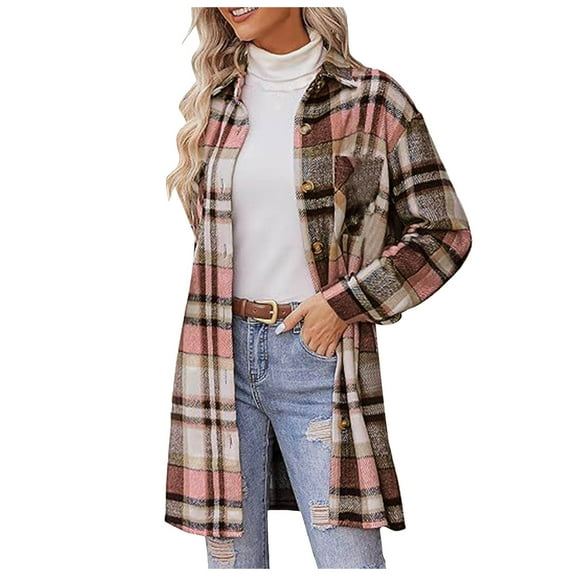 Pimfylm Womens Long Sleeve Button Down Plaid Shirts Flannel Hooded Shacket Jacket Hoodie Coats Pink, S