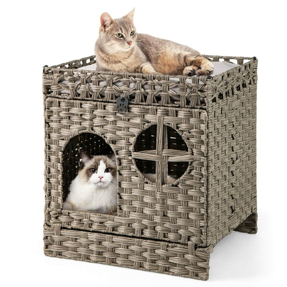 Costway Foldable 2-tier Rattan Cat Litter Box Enclosure with Litter Mat Indoor Pet House
