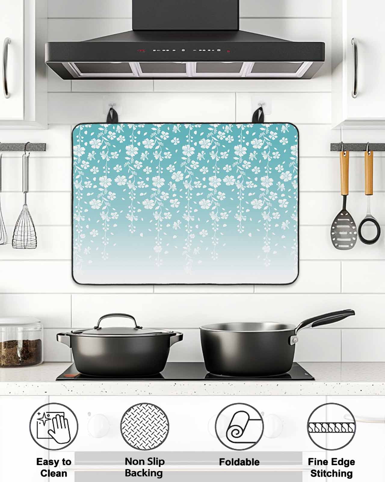 Stove Top Covers for Electric Stove, Weeping Flowers Glass Stovetop Cover Protector, Teal Ombre Spring Floral Botanical Art Induction Cooktop Protector Oven Mat for Kitchen Countertop 24"x21"