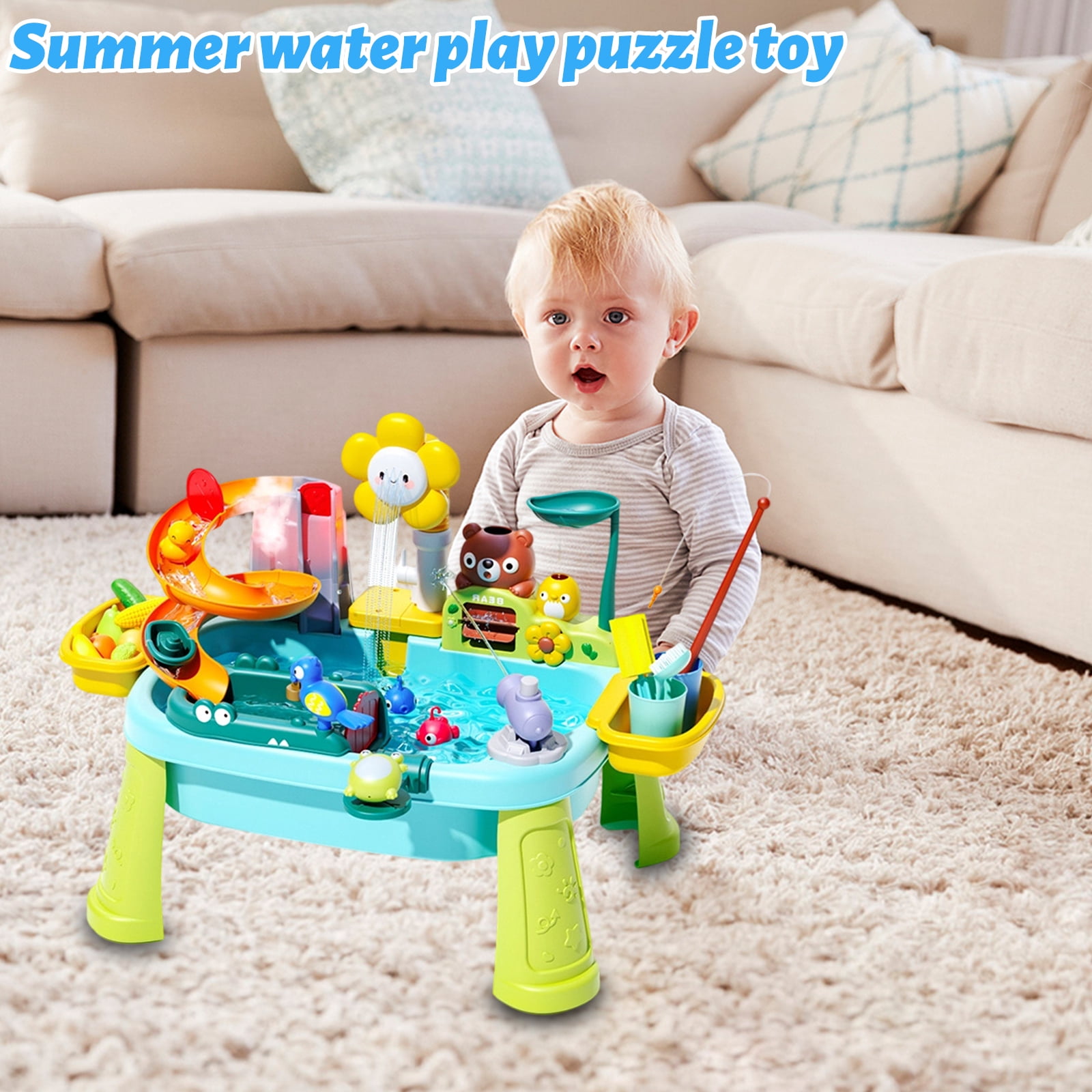 Water Play Table with Circulating Water Shower, Fishing Accessories & Interactive Play Features for Indoor Outdoor Use(23.2"L x 11.42"W x 16.5"H,Green)