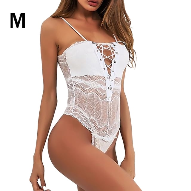 Body de encaje sexy para mujer Ropa de dormir Ropa interior de malla con vendaje en V profundo, Blanco, M Jumpingount XX000221-03