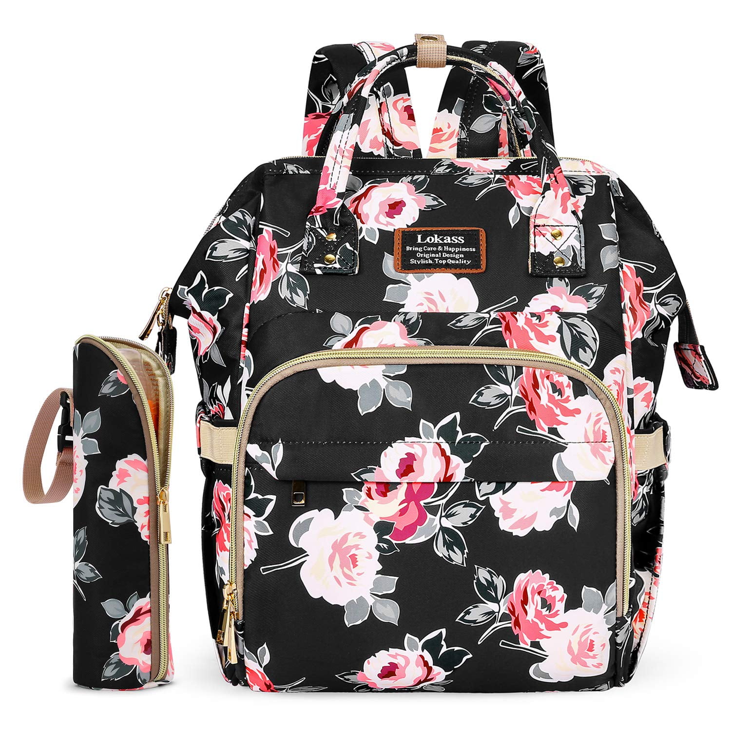 Diaper Bag Backpack Floral Baby Bag Water-resistant Baby Nappy Bag With Insulated Water Bottle ...