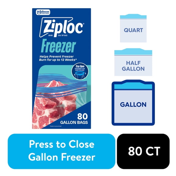 Ziploc Brand Freezer Food Storage Bags, School Supplies, Grip 'n Seal Technology, Zipper, Gallon, 80 Count
