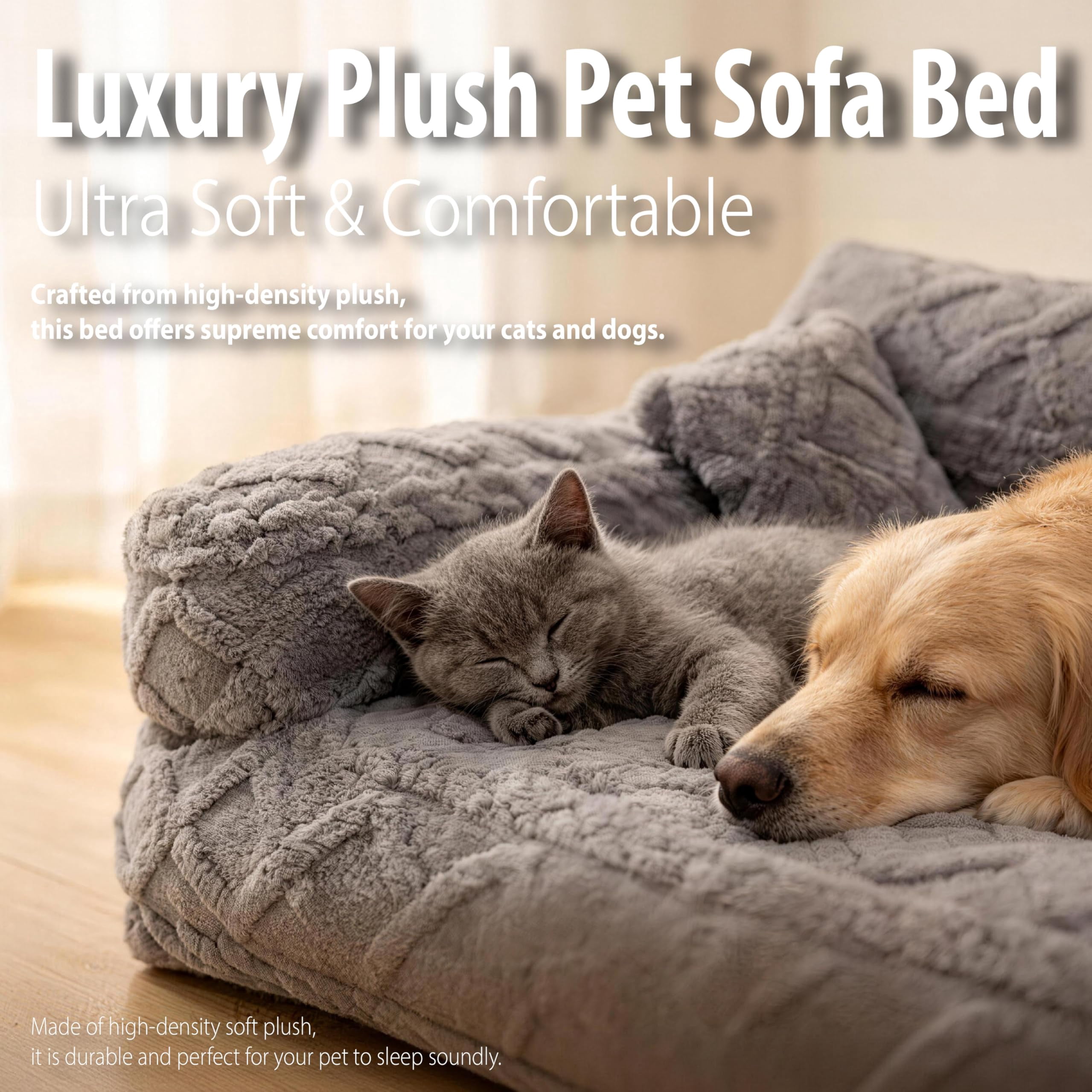 Plush Calming Pet Sofa Bed – Large Dog & Cat Couch Bed with Removable Cover, Furniture Protector Mat for Couch & Car, Soft Cozy Pet Bed