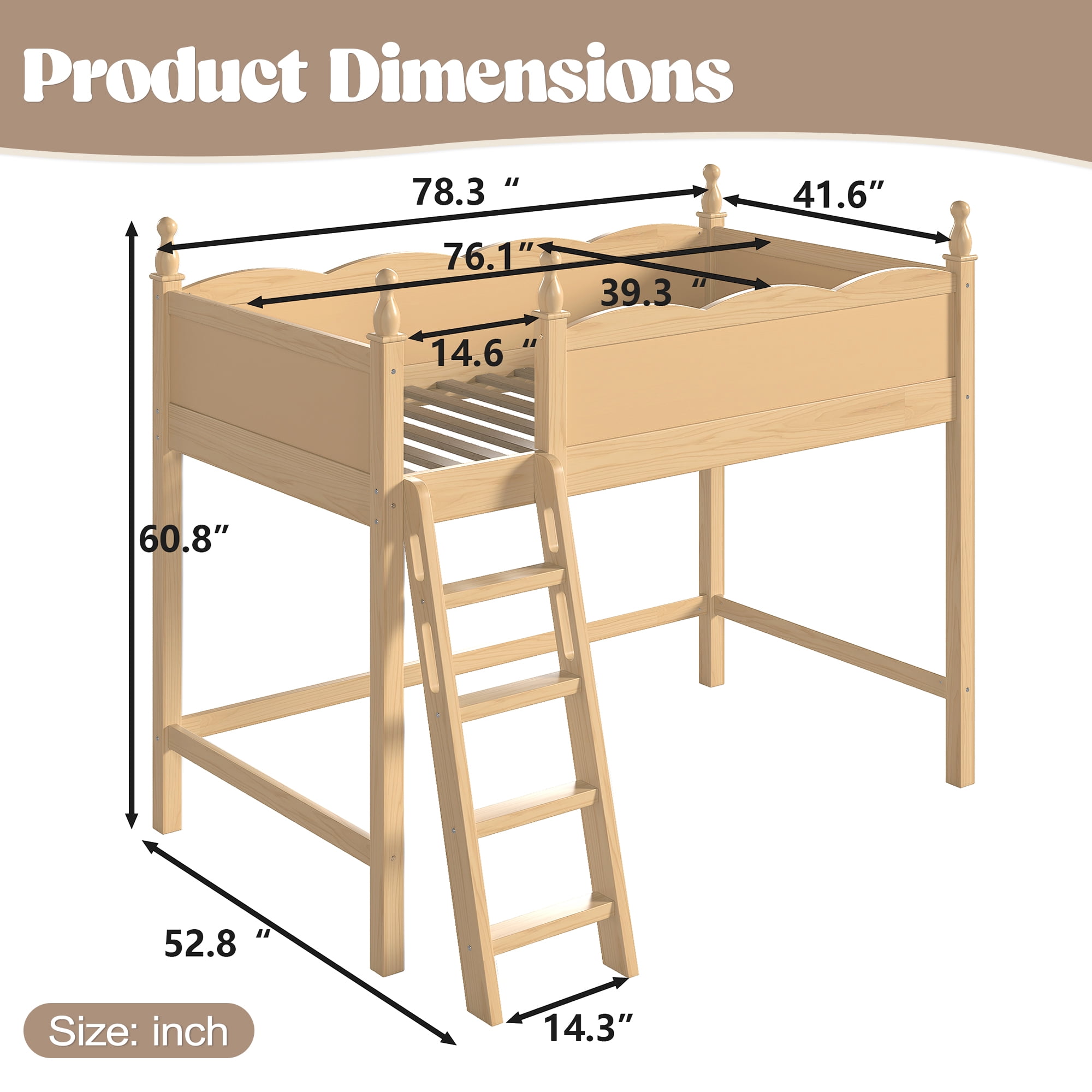 Miniyam Twin Loft Bed for Kids with Guardrails and Ladder, Solid Wood Space Saving Bed Frame, Natural