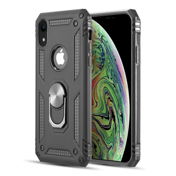 Apple iPhone XR (6.1 Inch) Phone Case Finger Ring Holder Kickstand 360° Rotable Clip Hybrid Shield Heavy Duty Armor Dual Layer Protective Hard Shell TPU Bumper Stand Cover BLACK for Apple iPhone Xr