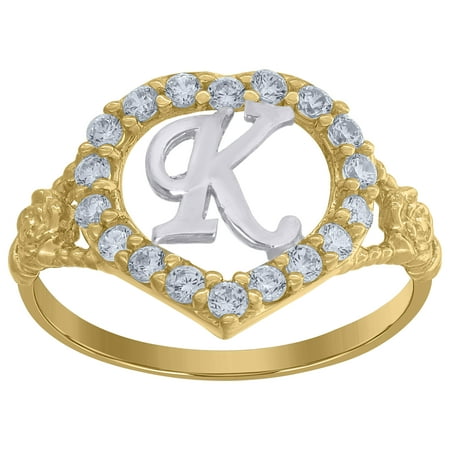 10kt Two-Tone Gold Womens Cubic Zirconia Polished Finish Heart Shape Letter K Initial Ring