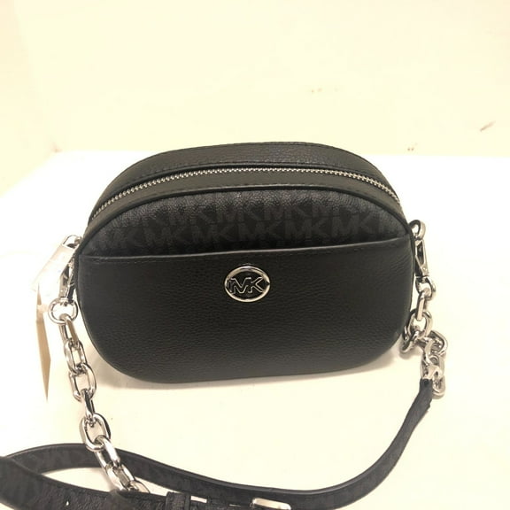 Michael Kors Jet Set Glam Small Oval Crossbody Leather Black Handbag Bag Purse