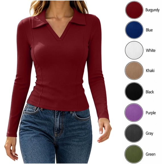 XRoczxe Women's Long Sleeve Collared V Neck Top, Slim Fit Ribbed Knit Shirt, Casual Solid Color Basic Tee for Fall Winter Layering Office Wear
