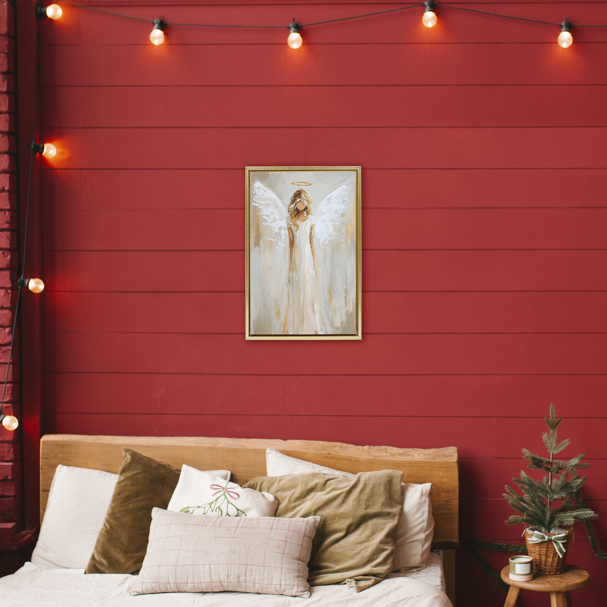 Divine White Robe Angel Gold Framed Floater Canvas Wall Art, design by Petal Prints Design