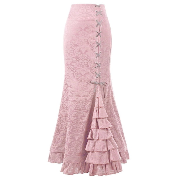 Falda larga retro con volantes y corte en forma de cola de pez para mujer - Diseño vintage ajustado - Tejido de poliéster - Tallas S-XXL