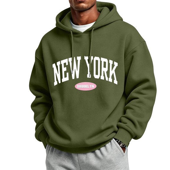 WIZUTIZ Men's Letter Print Fleece Pullover Hoodie With Kangaroo Pocket Long Sleeve Streetwear Casual Fall Winter Sweatshirt