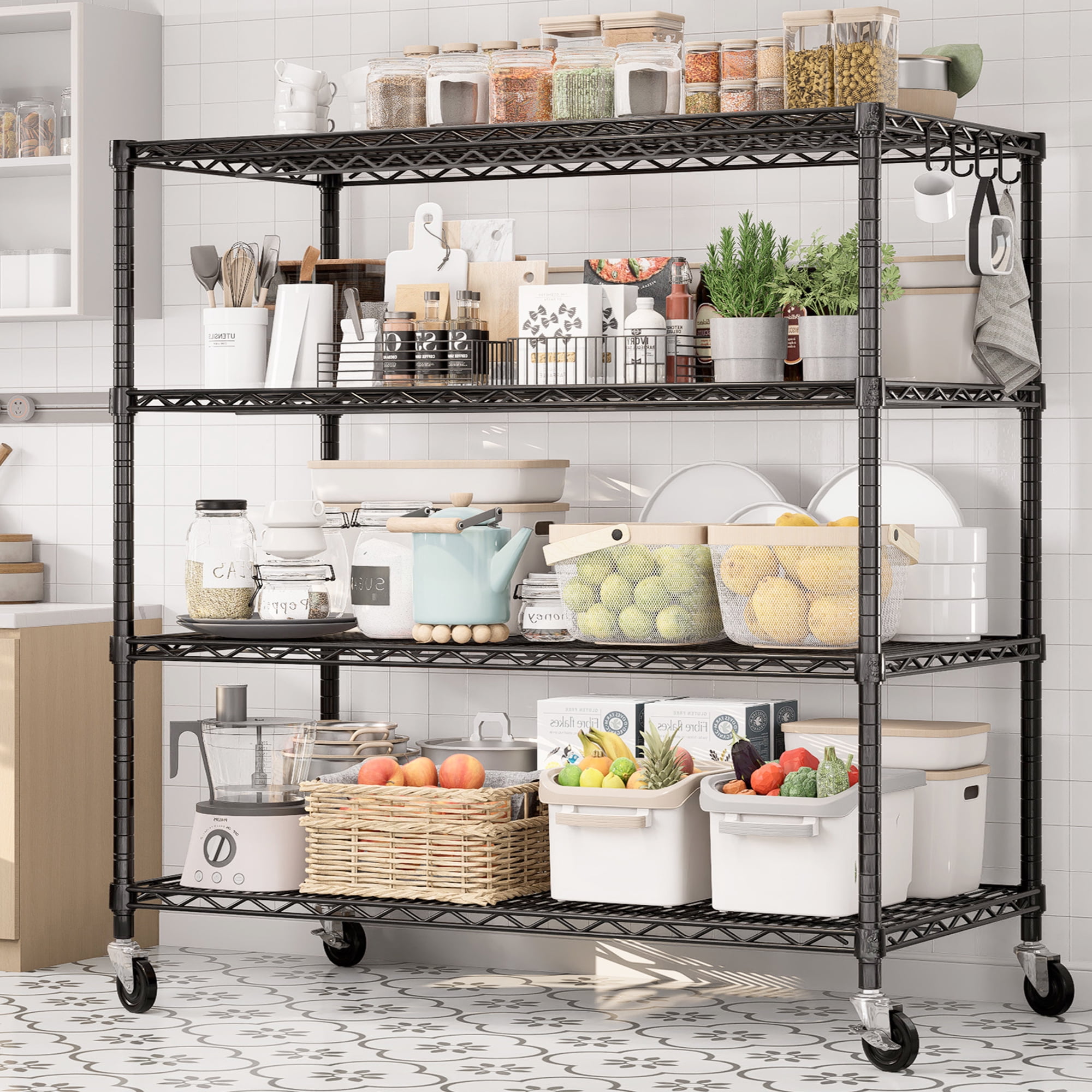 TrumanPick 55.5"W x 24"D x 76"H Heavy Duty Storage Shelves - 2400LBS Garage Shelving with Wheels & Feet, 4-Tier Adjustable Metal Wire Shelving Unit for Pantry Kitchen Commercial Industrial, Black