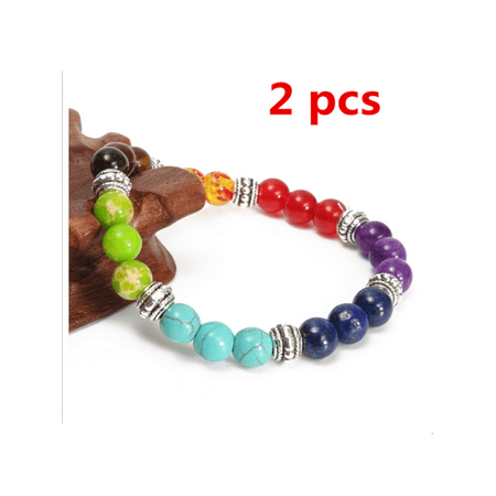- 2 Pack Ramadan Bracelet Colorful 7 Chakra Healing Yoga Reiki Prayer Stones Balance Beaded Bracelet Bangle Jewelry Gift