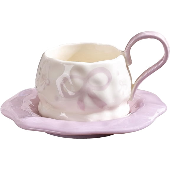 Ceramic Coffee Mug and Saucer Set with Bow - 260ml Floral Porcelain Tea Cup with Butterfly Design for Women, Ideal for Latte, Cappuccino - Home, Office, Gift (Purple)