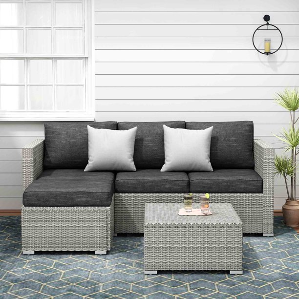SUNTONE Patio Furniture Sofa Set 3 Piece All Weather Resin Wicker Outdoor Conversation Set