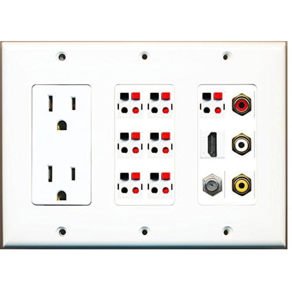 RiteAV (3 Gang 15A Power Outlet HDMI Coax Composite Video 7 Speaker Wall Plate White