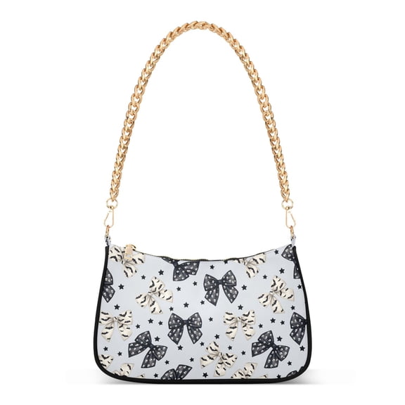 Halloween Black White Bows with Skulls Stars Women's Tote Bag Detachable Strap Chain Bag Lightweight Shoulder Purse