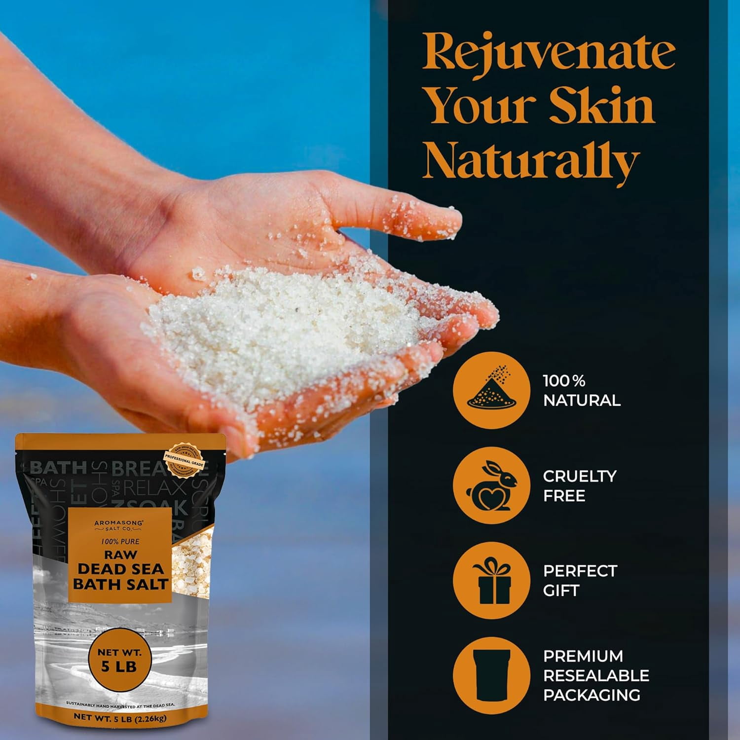 Aromasong Raw Dead Sea Bath Soak, Mineral Rich, Resealable Bags, 10 lb  (2 x 5 lb. Bags) Bulk Resealable Pack