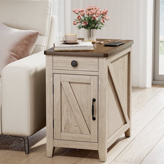 Farmhouse End Table with Charging Station, Narrow Nightstand for Living Room, Small Wooden Sofa Side Table, Bedside Table with Drawer and Storage Cabinet, Wood Night Stand