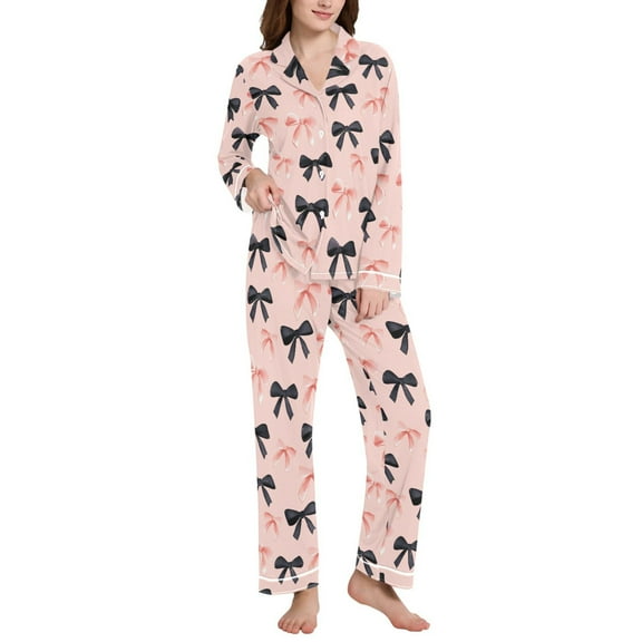 joogoo Pajamas Set for Women Pink Black Bows Long Sleeve Pjs Loungewear L