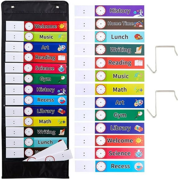 Daily Schedule Pocket Chart with 18 Colourful Plan Cards 13 1 Pockets 2 Iron Hooks Black Oxford Cloth Foldable Scheduling Pocket Chart for Classroom Office Home Preschool Activity