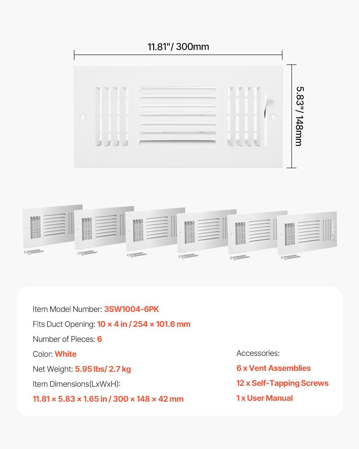 6-Pack 3-Way Floor Registers 4 x 10 Inch Metal Vent Covers White Iron HVAC Grilles with Adjustable Airflow Dampers for Home Office Living Room Bedroom – Durable, Rustproof & Easy to Install